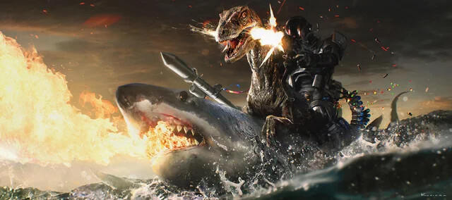 awesome dinosaur shark ocean water gun fire flamethrower battle epic legendary warrior