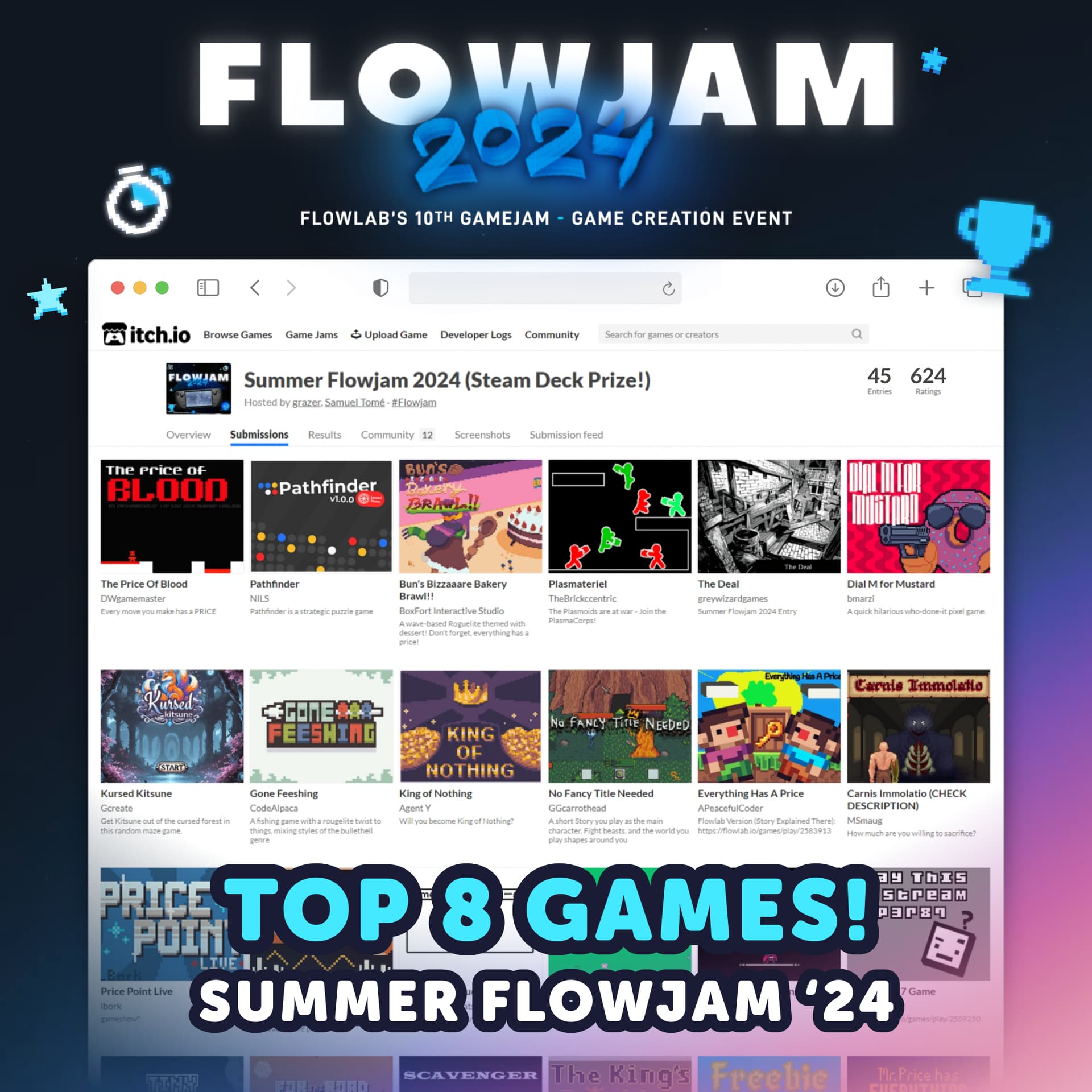 Top 8 Games from Summer Flowjam 2024 Gamejam event - Flowlab No Code Game Engine - Make a Game with no code